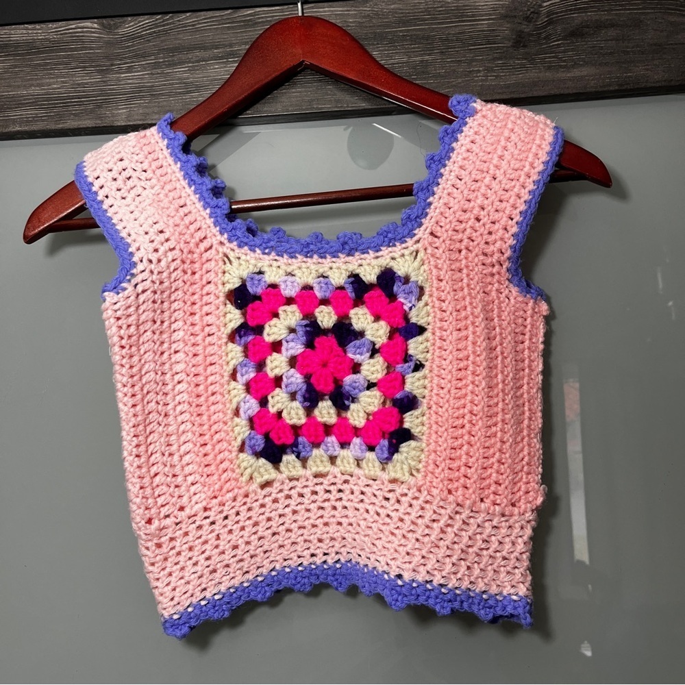 Vintage 1970's Handmade Crochet Pink and Purple Tank Top Granny Square Retro